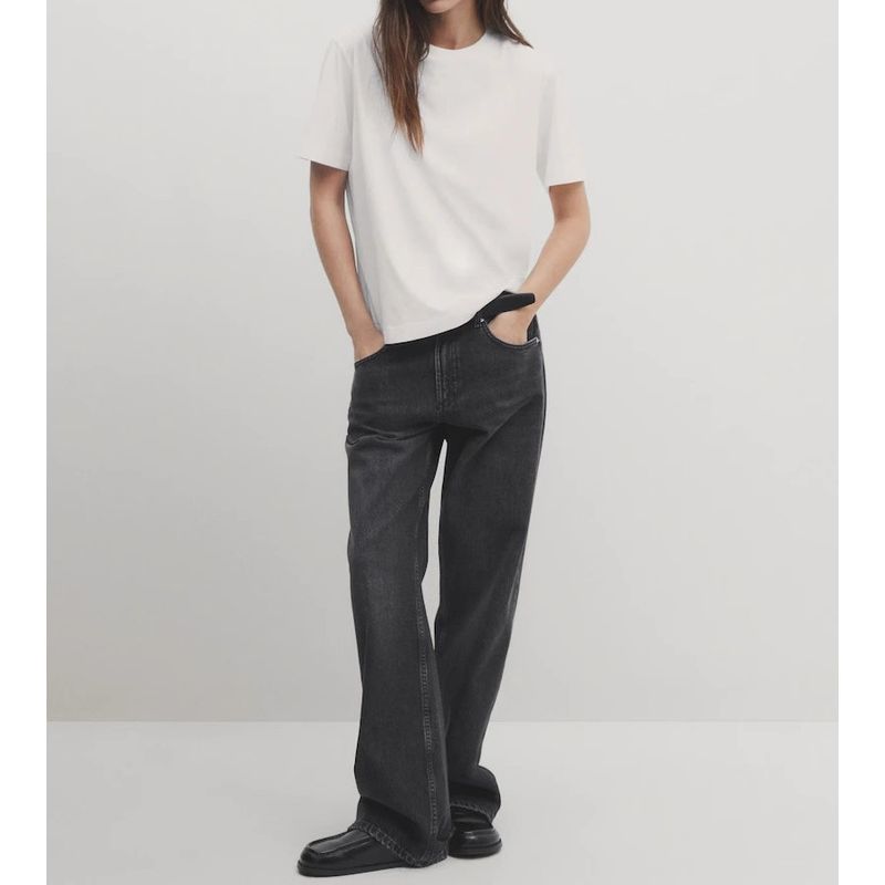 MD Spring New Arrival Women's Gray Basic Minimalist Loose Plaid Cotton Boyfriend round Neck T-shirt 6218503