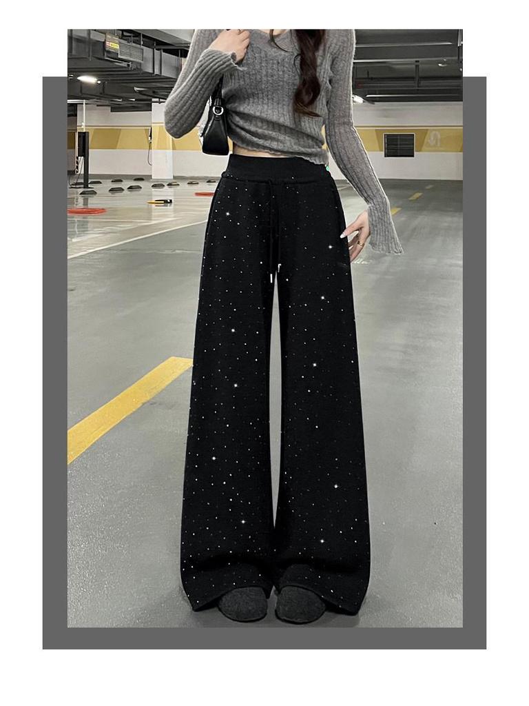 Women's High Waist Black Sequin Wide-Leg Pants - Spring 2026, Plus Velvet, Petite Drape, Straight Leg, New Arrival