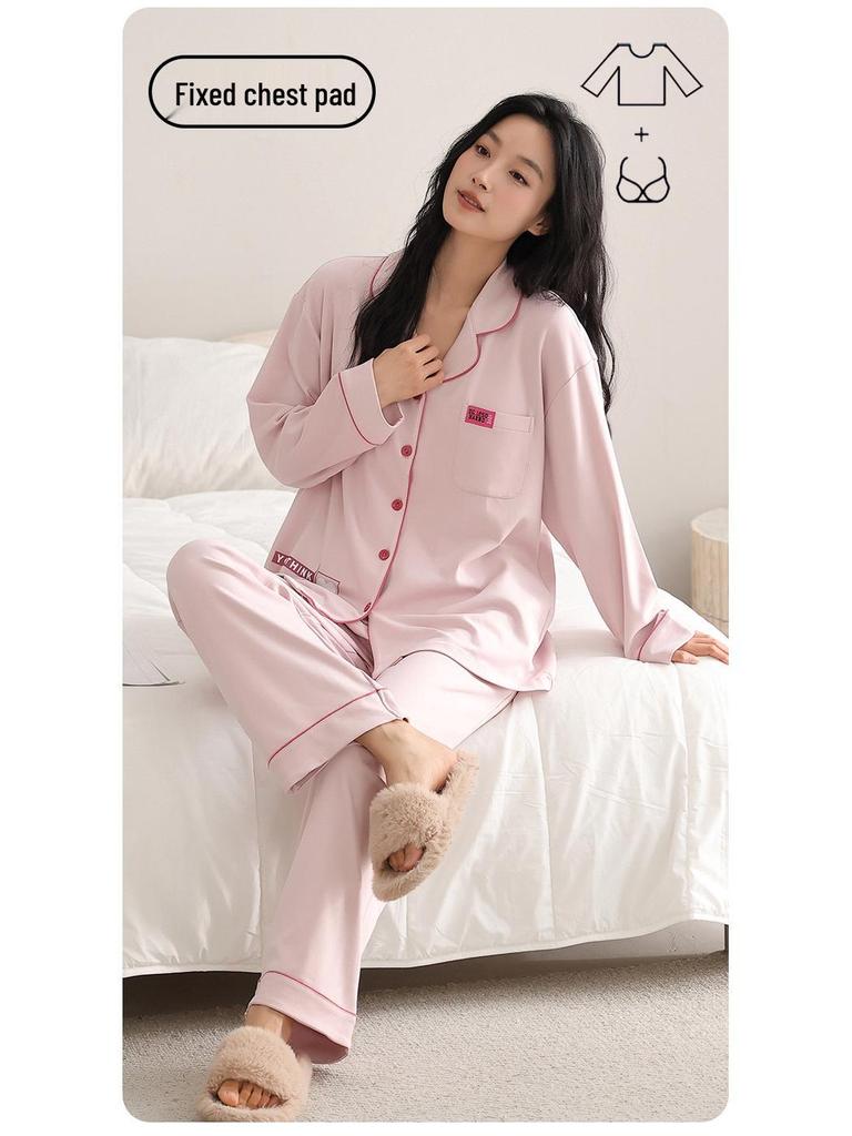 Women's Plus-Size Pure Cotton Long Sleeve Pajama Set with Breast Pads - High-End Spring/Autumn Home Wear