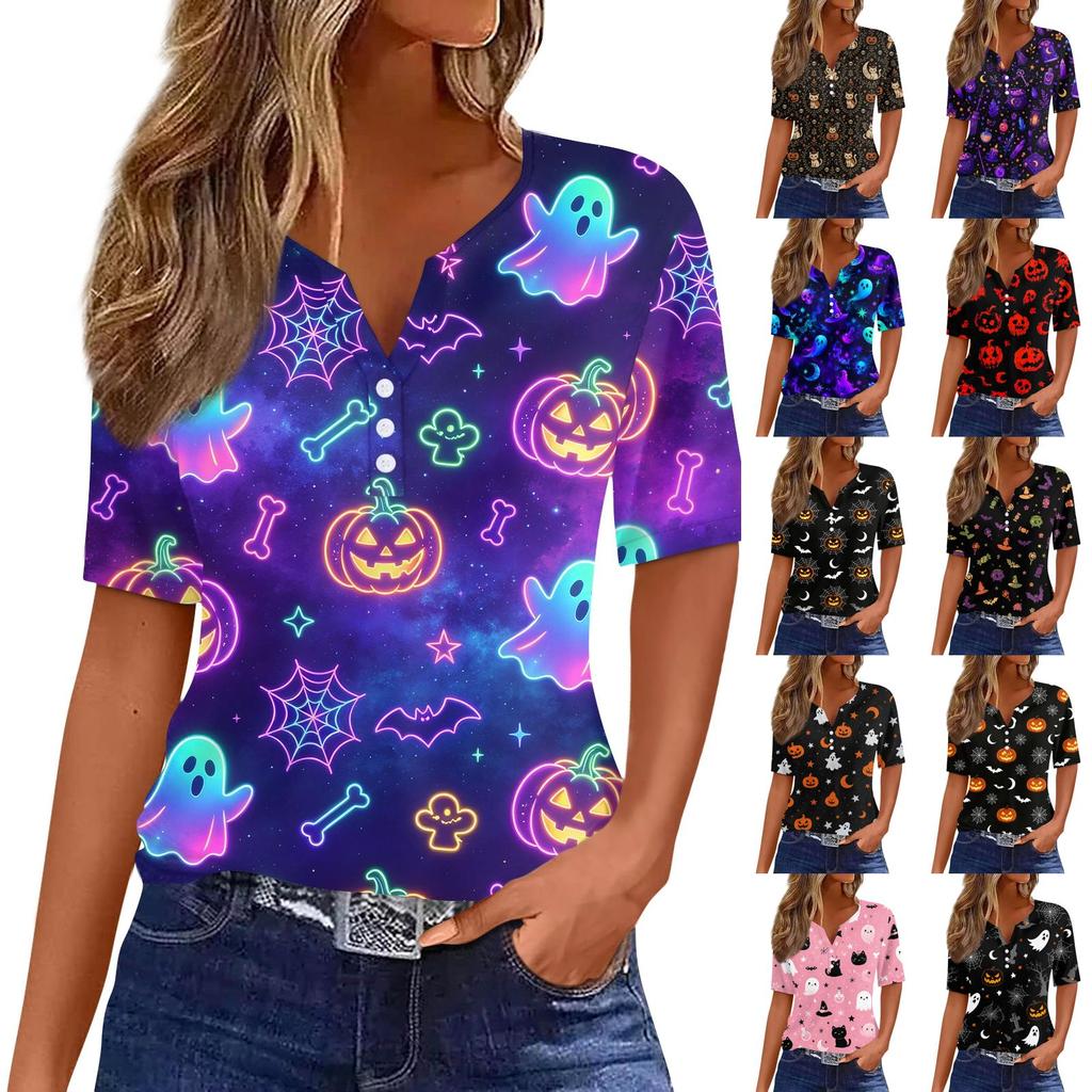 Women Casual Halloween Print V Neck Short Sleeve Button T Shirt Top Lightweight Breathable Soft Fabric Relaxed Fit