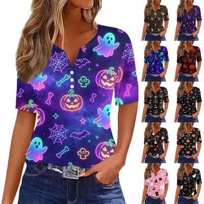 Women Casual Halloween Print V Neck Short Sleeve Button T Shirt Top Lightweight Breathable Soft Fabric Relaxed Fit