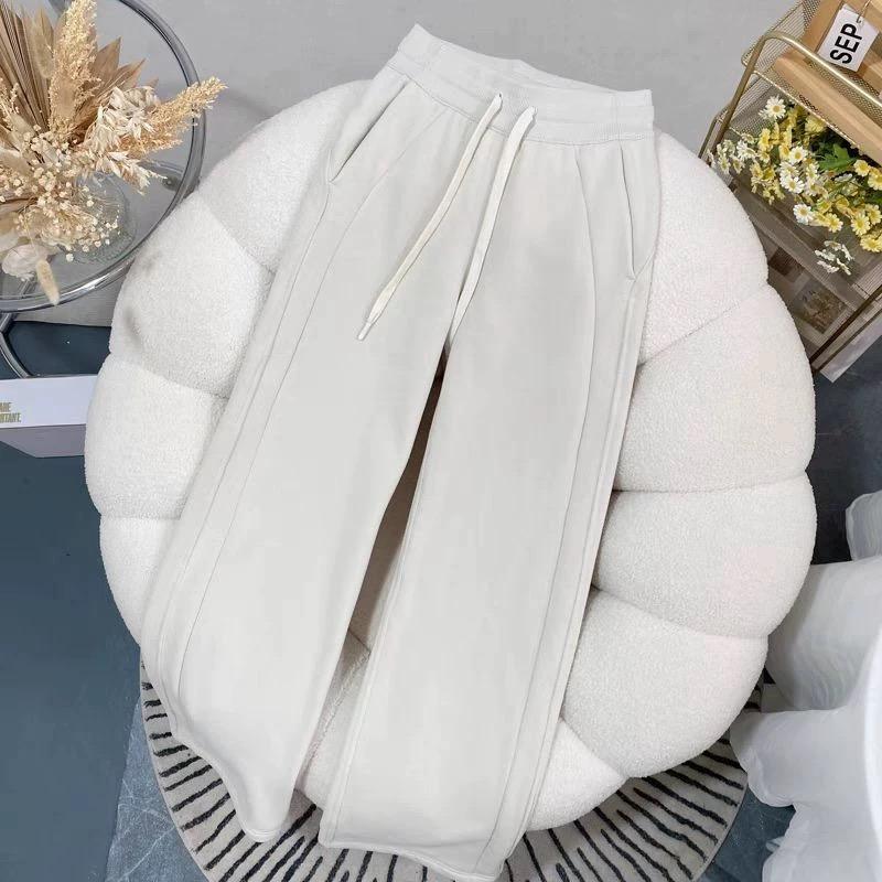 2025 Autumn Winter Women Chic Designer Cotton High Waisted Sweatpants Lady Versatile Casual Solid Wide Leg Straight Leg Trousers