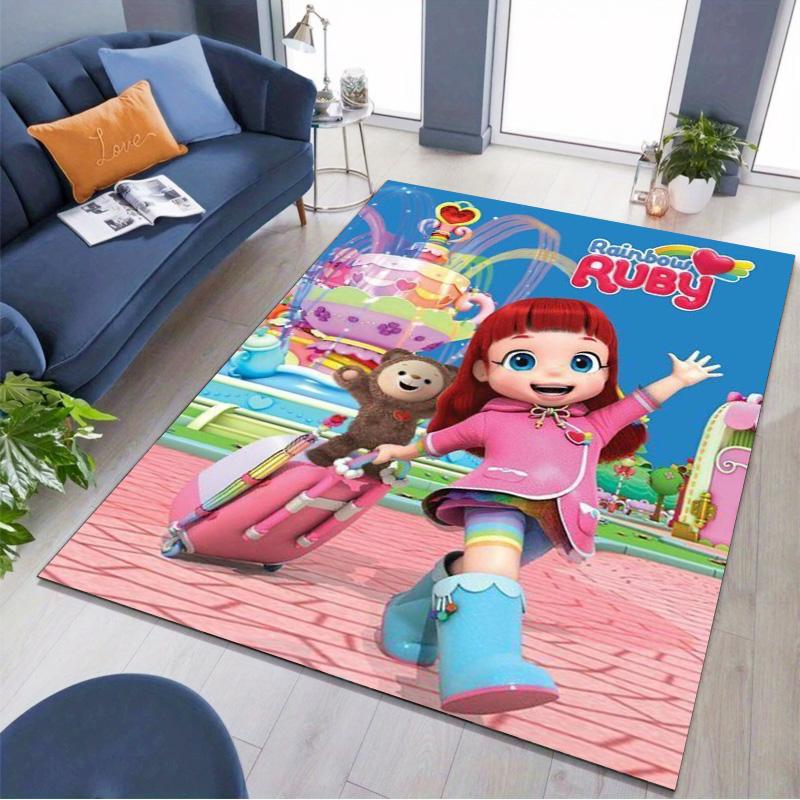 Rainbow Ruby Cartoon Girl Character Print Area Rug Non‑Slip Rectangular Floor Mat Kids Fantasy Animation Decor Rug for Bedroom Living Room