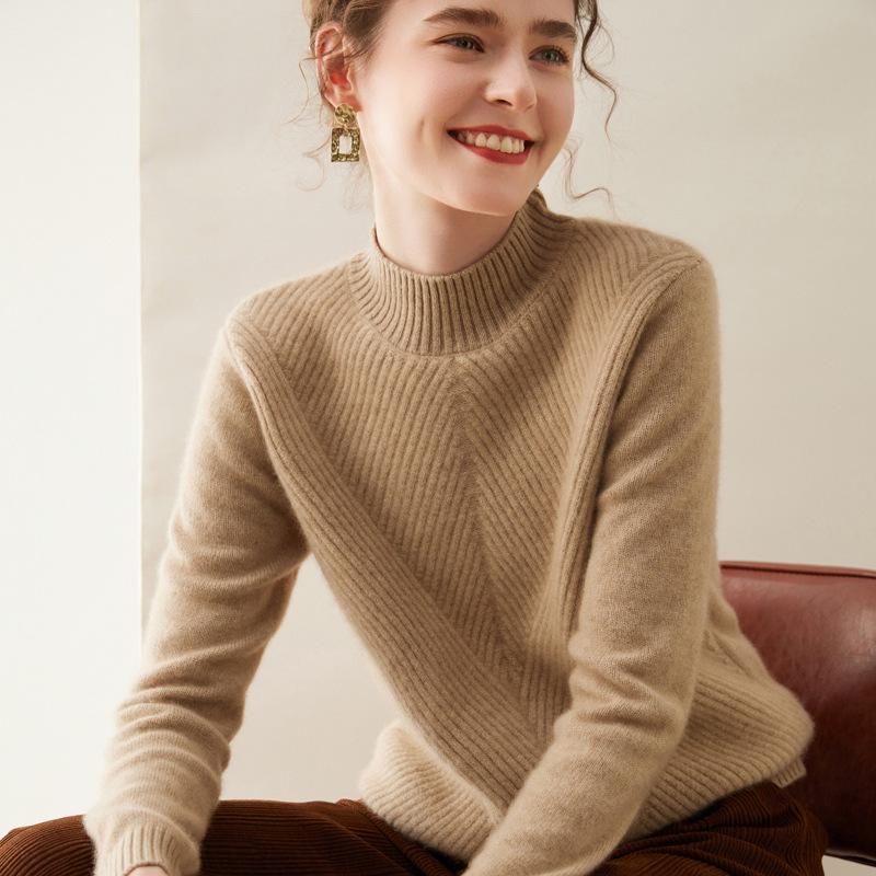 Women's High Neck Cashmere Knit Sweater - Thickened Loose Fit Pullover for Autumn/Winter