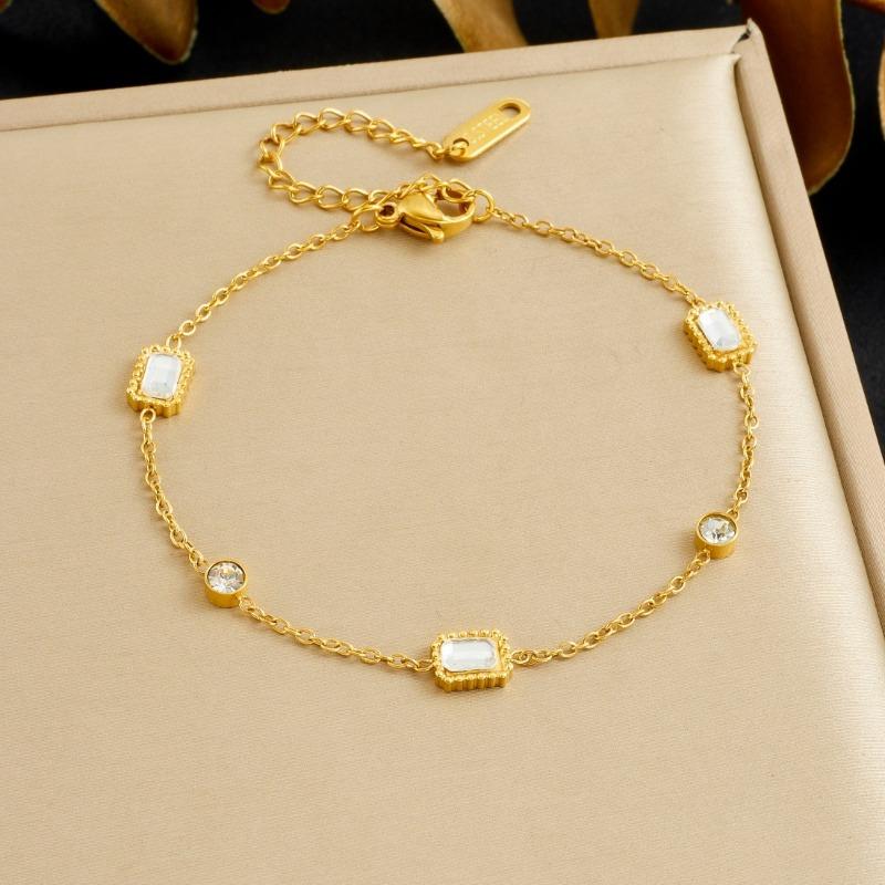 18K Gold Plated Black Onyx Gemstone Bracelet, Dainty Rectangle Zircon Station Link Bracelet for Women, Vintage Jewelry белый