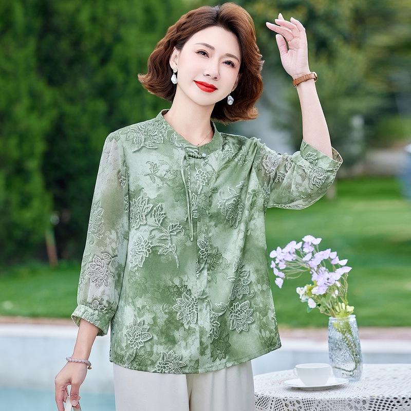 Stylish Spring-Summer Seven-Sleeve Printed Shirt for Middle-Aged and Senior Women 2XL (for 105-120 jin) зелёный
