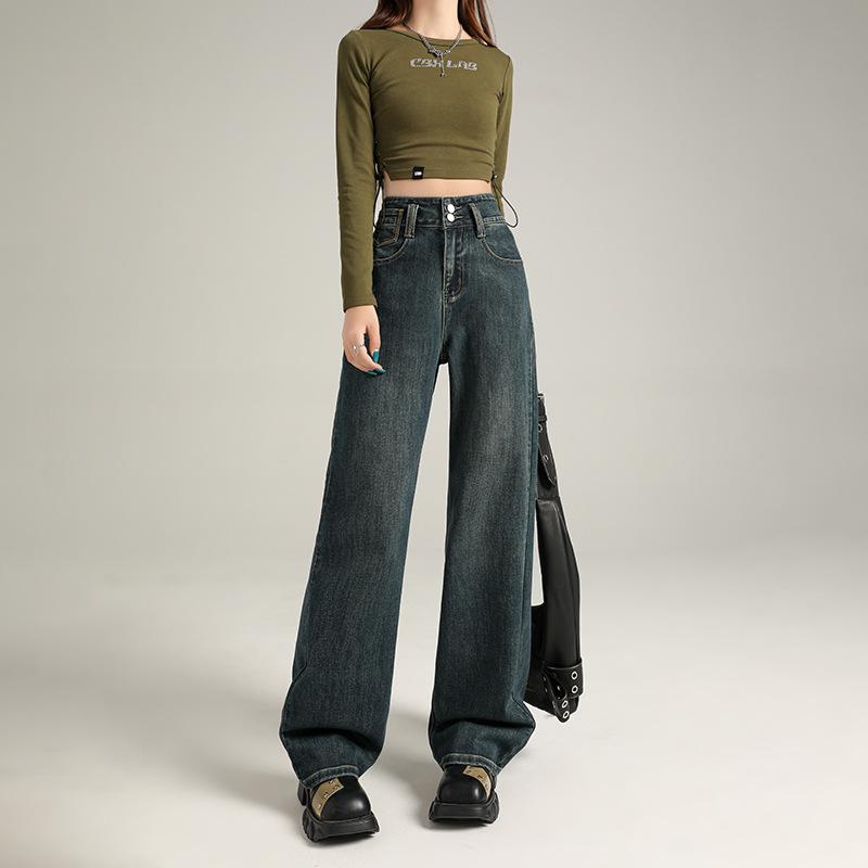 Wide-leg jeans women's spring and autumn new high-waisted thin velvet loose design hip-lifting straight pants