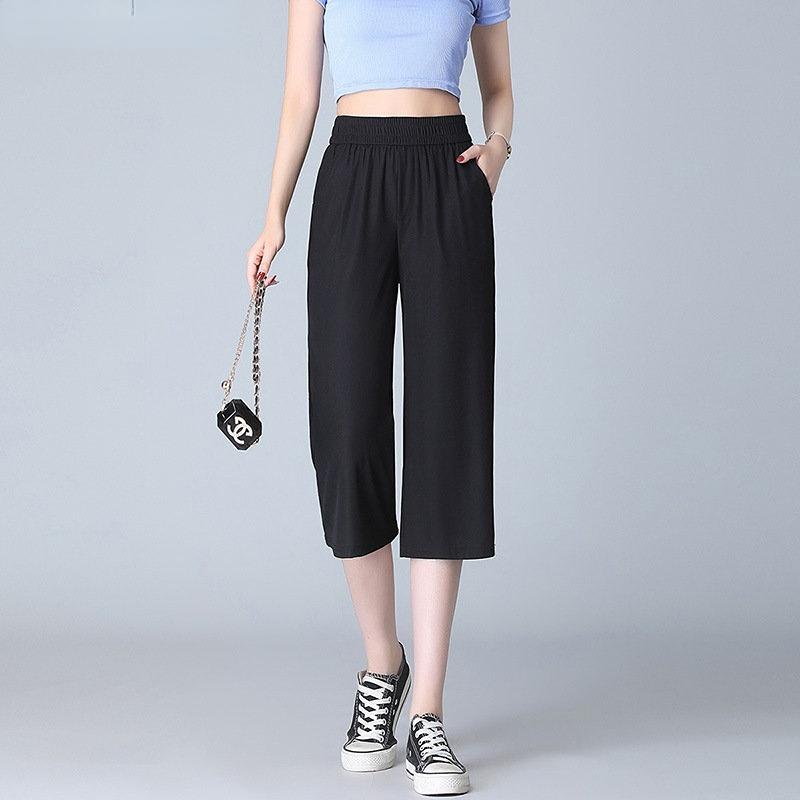 2022 Summer Fashion Chic Slim Fit Wide Leg Trousers Solid Casual Elastic High Waist Loose High Street Trend Capris Pants Women