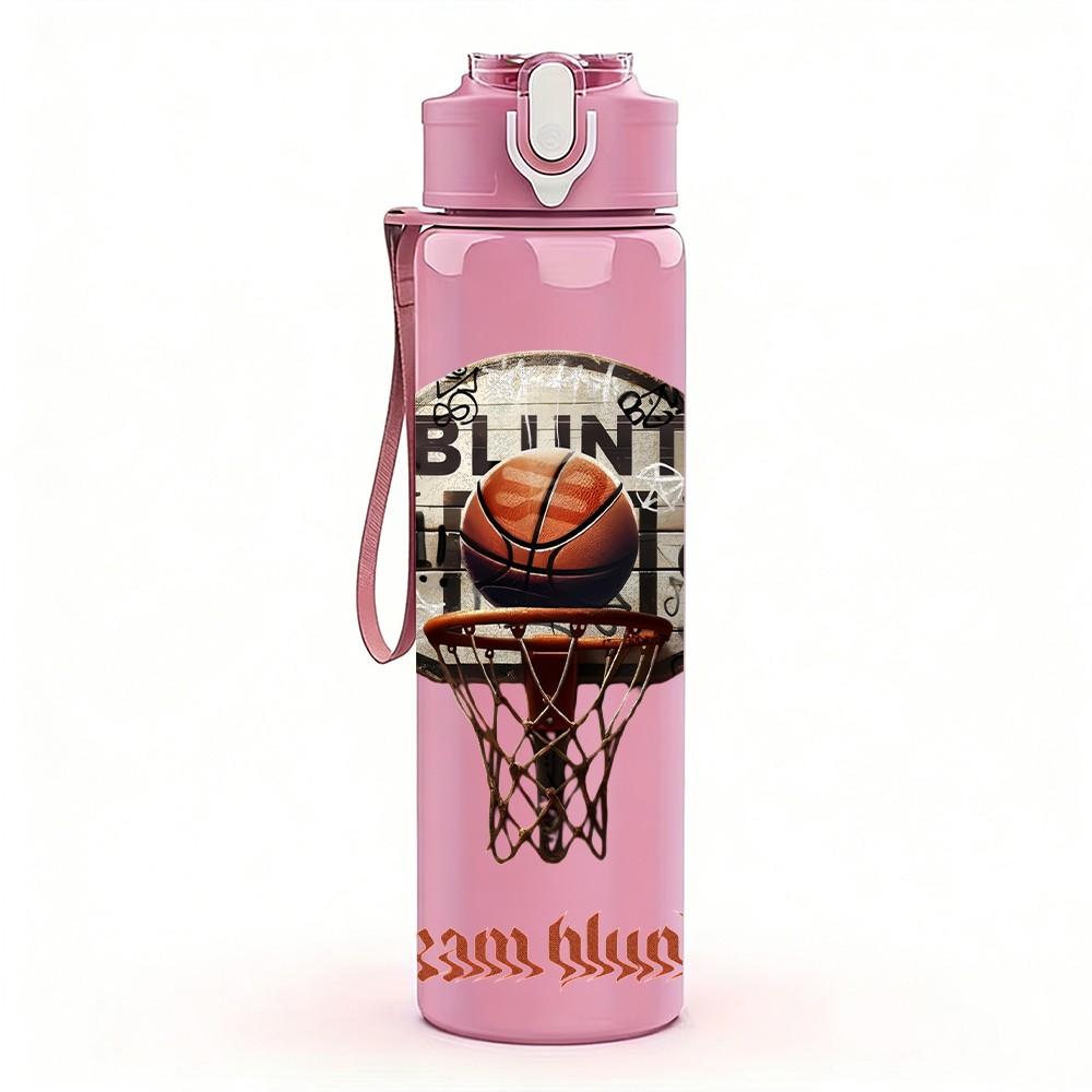 1PC Basketball Hoop Retro Sports Badge Design 750ml Color Plastic Sports Water Bottle Leakproof Flip Straw Lid Suitable for Sports Office Home Use