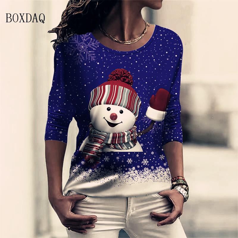 Christmas Snowman Pattern Women Cartoon T-shirts Long Sleeve 3d Print Christmas Street Ladies Tee 6XL Big Size Casual Cute Tops