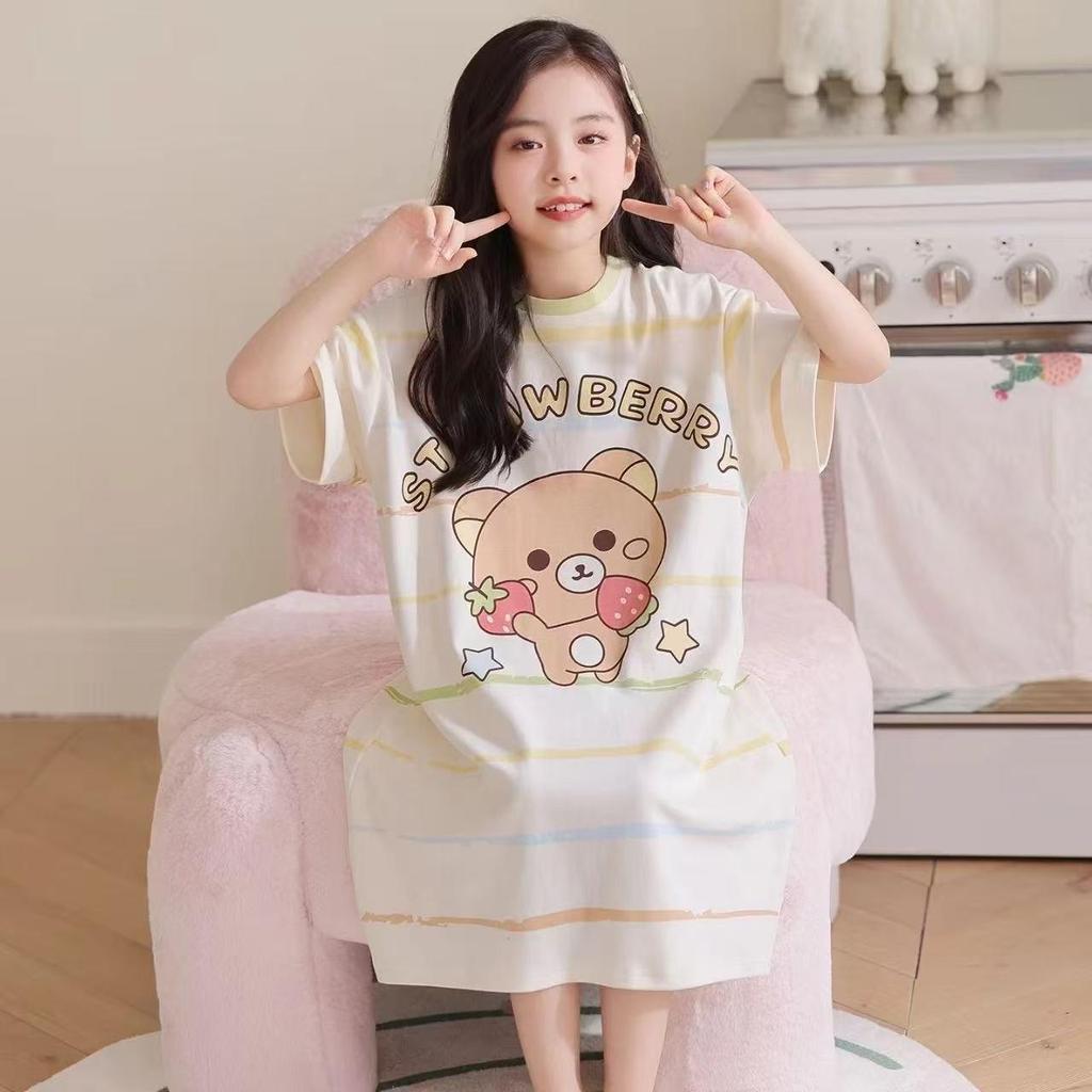 Cartoon Style Girls' One-Piece Summer Nightgown - Thin, Cute, Soft for Medium/Older Kids, Ideal for Home Air Conditioning.