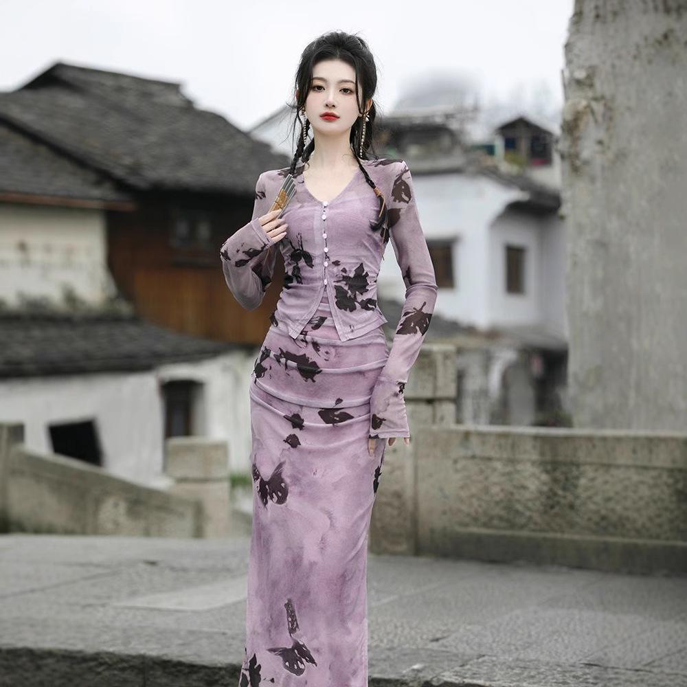 

Vintage-Inspired Purple Ink Suspender Dress Set for Women L