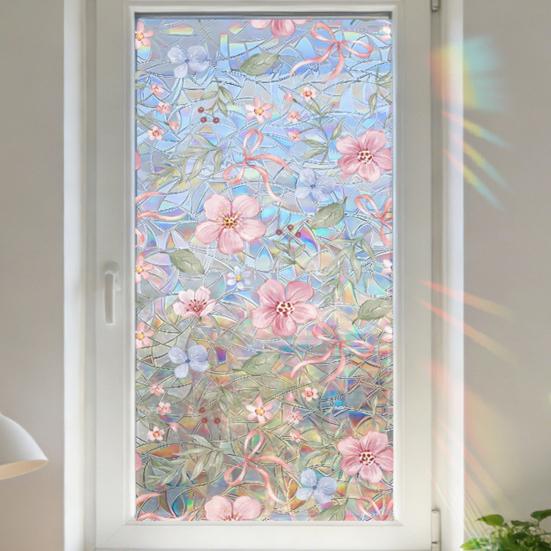 4 Sheets Rainbow Floral Window Privacy Film Stained Glass Decorative Decals Sun Blocking Heat Control Static Glass Clings for Bedroom Living Room