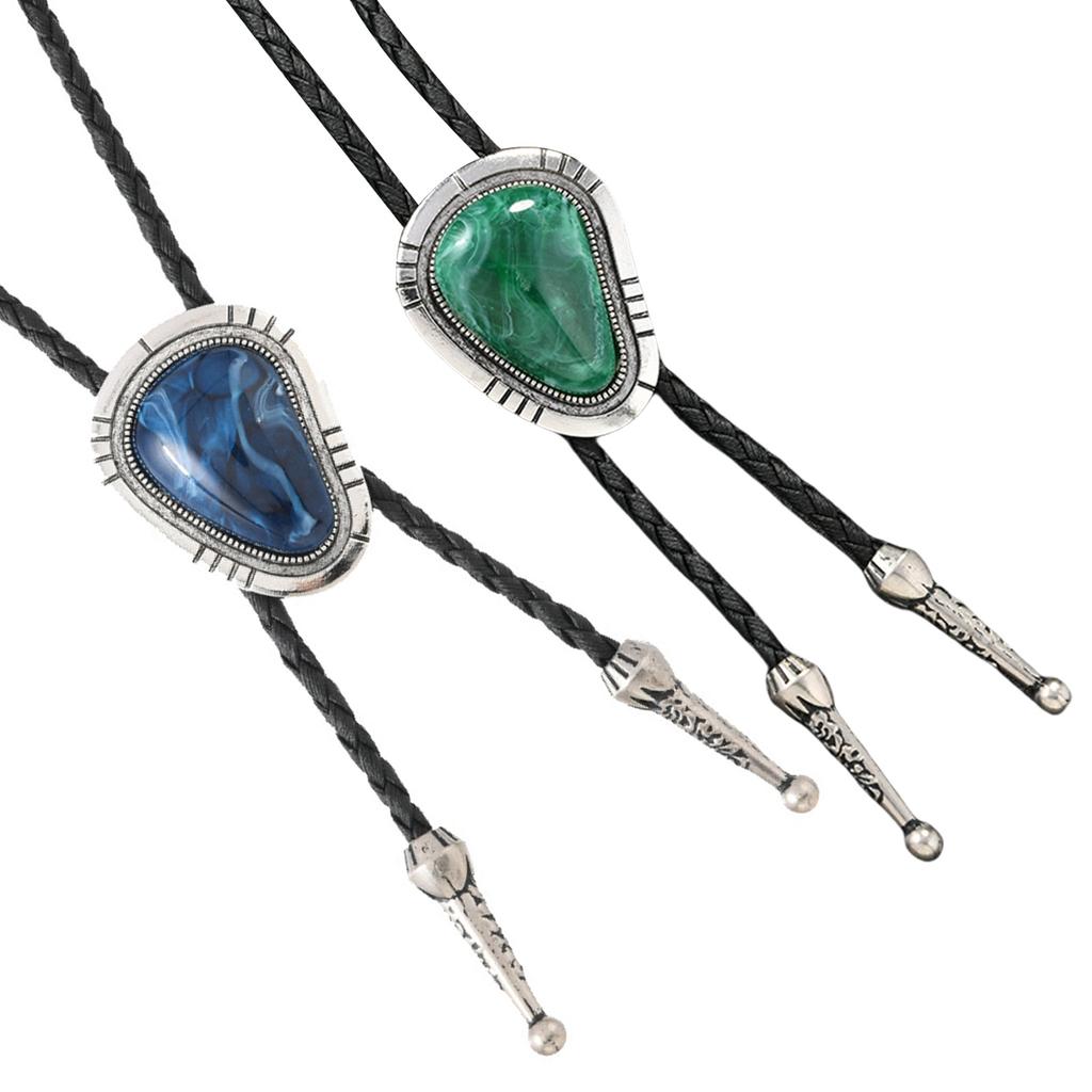 Men's Vintage Irregular Colored Stone Bolo Tie Cowboy Costume Accessory Western Faux Leather Cord Necktie Necklace Chain