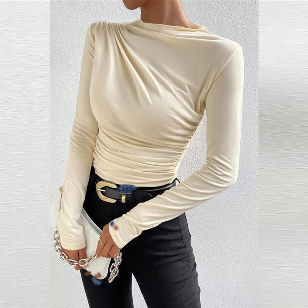 Women's Fashion Slim Versatile Pleated Color Long Sleeve Bottom Down Shirt Sweatshirt Top
