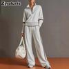 New Casual Sports Set Wind-Breasted Color Block Hoodie Wide Leg Pants Two Piece Outfit