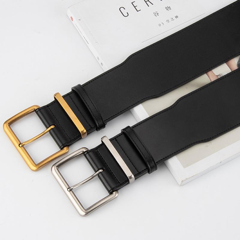 Women's Cowhide Wide Belt Retro Square Pin Buckle Genuine Leather Belt High-end Feel with Jeans Decorative Waist Seal for Women