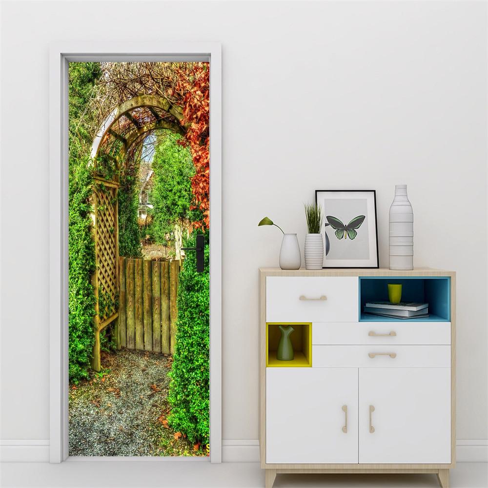 Nature Scenery Door Decal 3D Removable Vinyl Sticker, Adhesive Forest Pathway Wallpaper for Bedroom Entryway