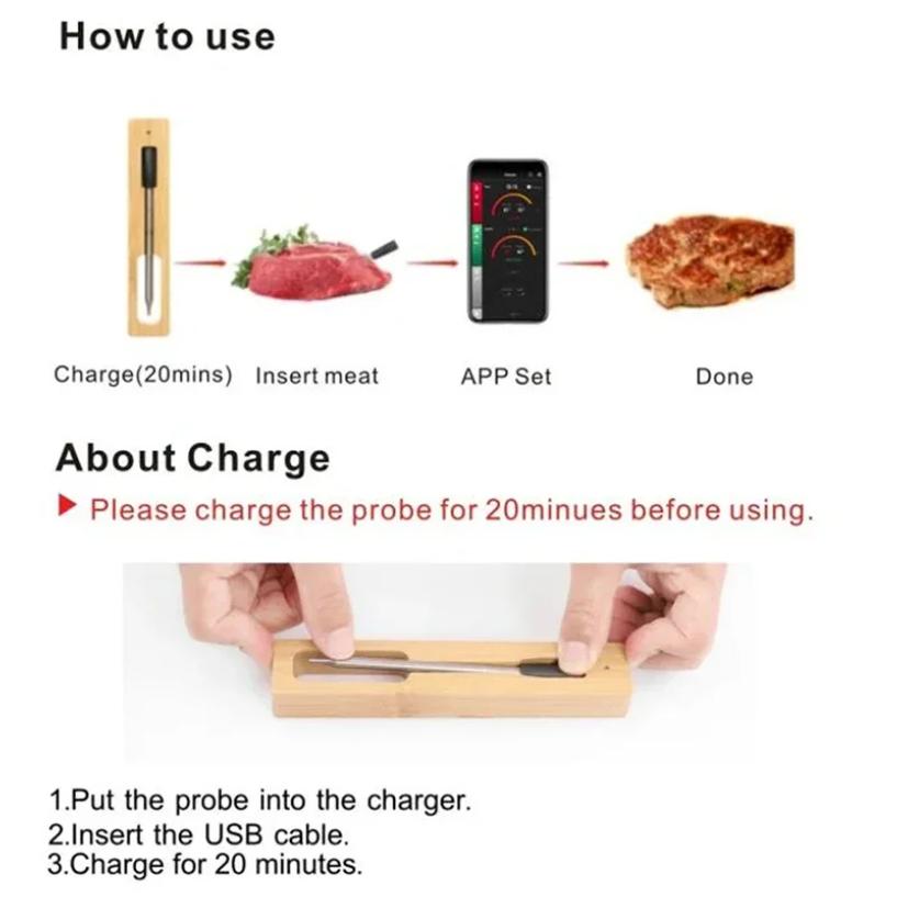 Termometro per Carne e Cibo Wireless per Forno, Griglia, BBQ, Affumicatore, Cucina, Intelligente, Digitale, Bluetooth, Termometro per Barbecue, Indicatore di Temperatura
