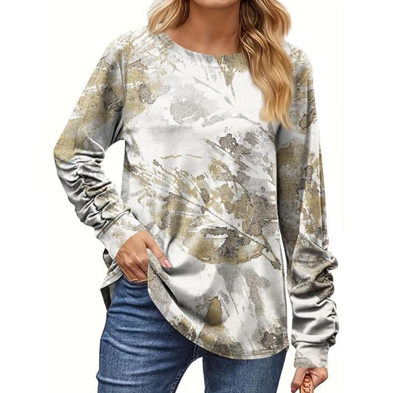 Dámské 3D tričko s potiskem suchého listí, módní tričko s dlouhým rukávem a kulatým výstřihem, běžný top, sváteční víkend, jaro a podzim