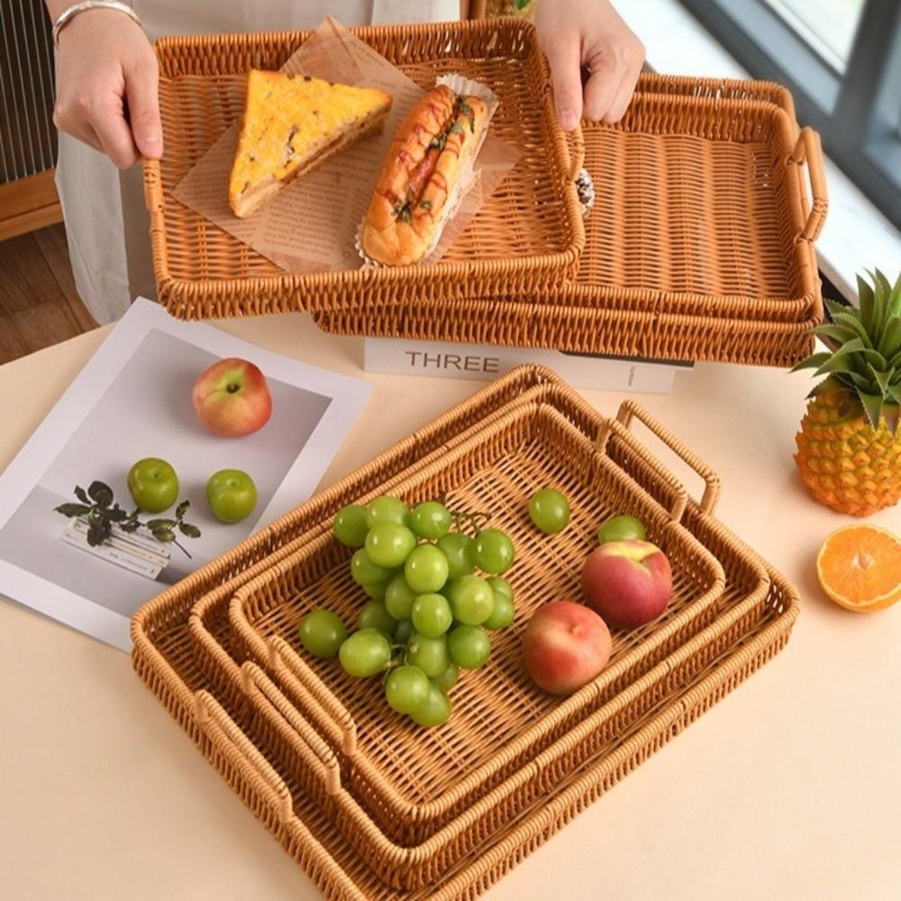 Handwoven Wicker Serving Tray Woven Handheld Plastic Rattan Storage Tray  Kitchen Storage
