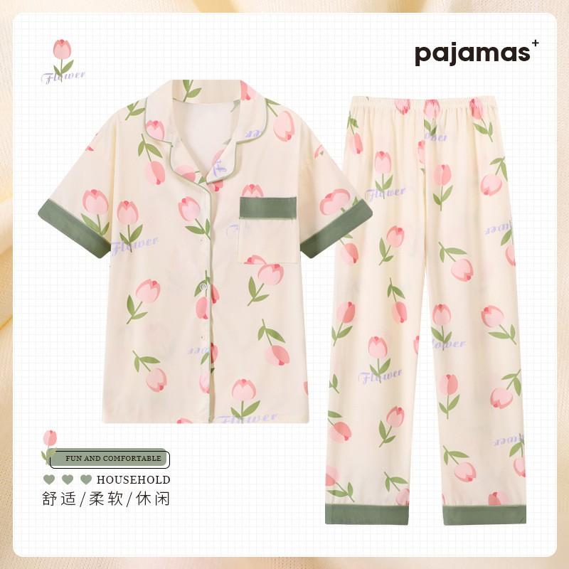 Middle-aged Womens Short Sleeve Long Pants Loungewear Set Plus Size Elegant Sleepwear