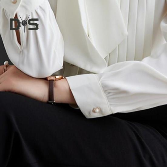 Women Shirt Stand Collar Lace-up Bowknot Long Sleeve Pleated Pullover Tops Solid Color Loose Fit Chiffon Blouse