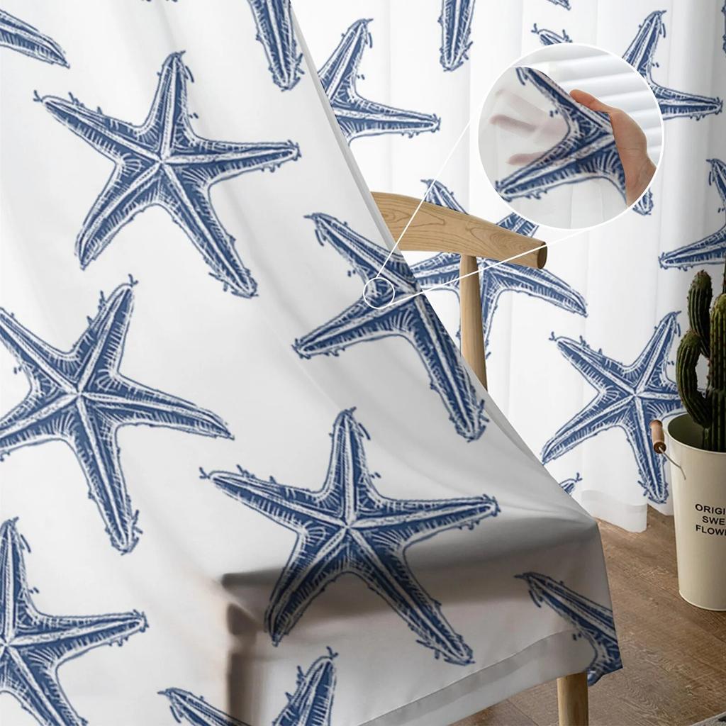 Sommer Sjøstjerne Teksturert Marineblå Soverom Gjennomsiktige Gardiner Feriedekorasjon Vindu Voile Tyllgardin
