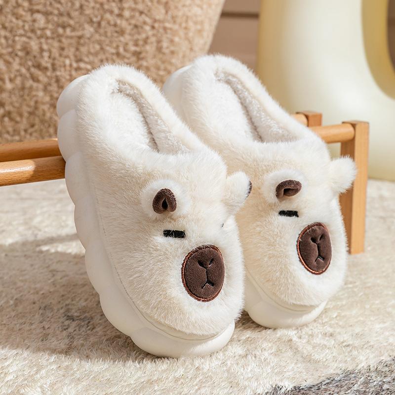 Bear Cartoon Cotton Slippers Men's Autumn and Winter Indoor Home Thick Bottom Velvet Warm Outer Wear Couple Confinement Shoes Women