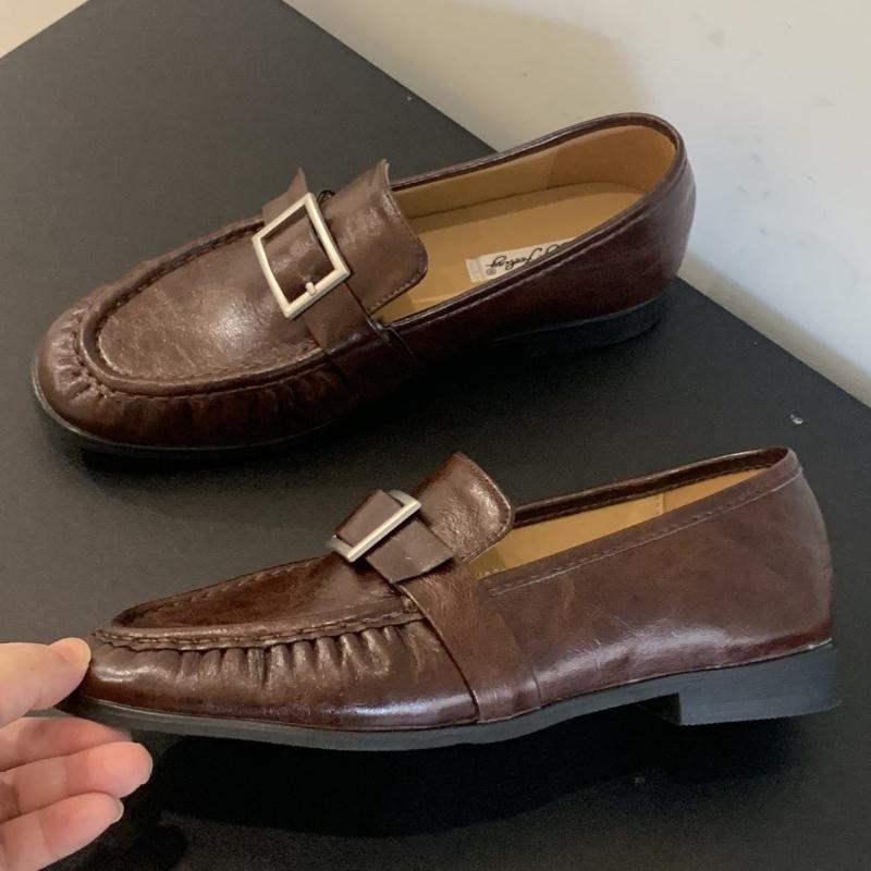 

Retro Brown PU Chunky Heel Loafers Women Fashion Pleated Buckle Decorated Designer Flats Comfort Soft Leather Zapatos De Mujer 35