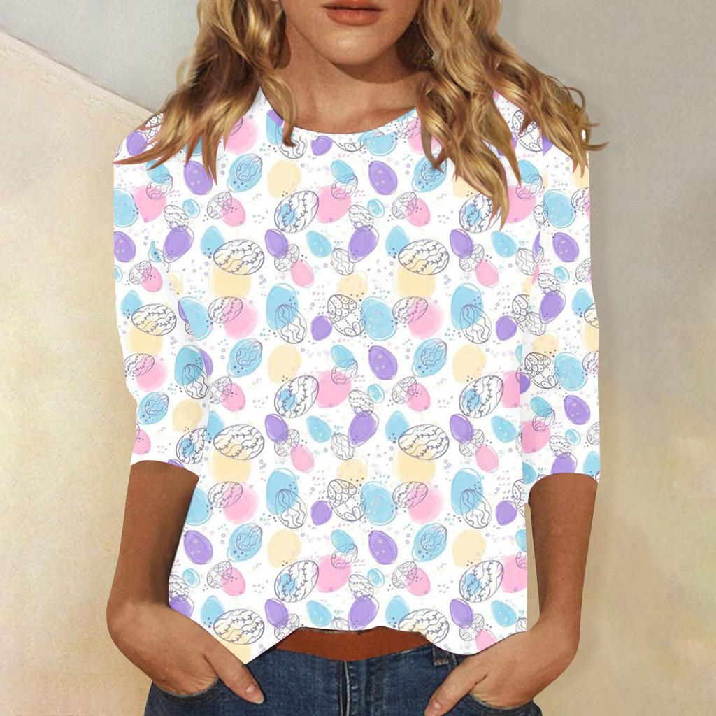 Round Neck 3D Rabbit Festival Printed Top Fashionable Casual Long Sleeved Women's T-shirts