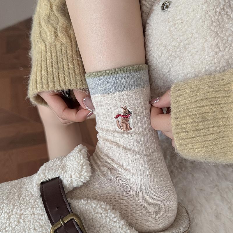 Boneless Cartoon Embroidery Cute Warm Socks Medium Tube Socks College Style Versatile Stockings Cotton