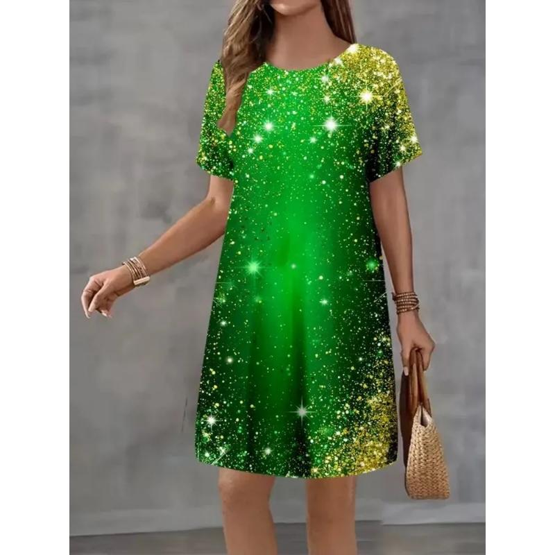Fashion Women's Crew Neck Dress 3D Casual Color Printing Casual Dress Crew Neck Dress