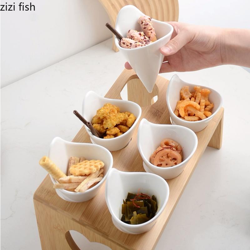 Bol à collation en céramique à 6 compartiments Base en bois Plateau à collation Assiette de dégustation Coupe à fruits Bols à dessert Plat à dim sum Assiettes de dîner Vaisselle