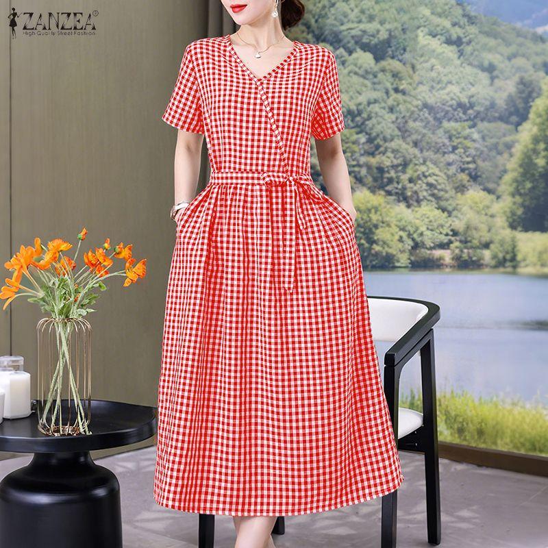 ZANZEA Women Casual V-Neck Summer Short Sleeve Plaid Print Dress