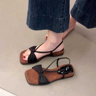 Gentle Bow Wedge Heel Open-toed Black Sandals Women's Summer Wear Fashion Versatile Vacation Style Beach Roman Shoes