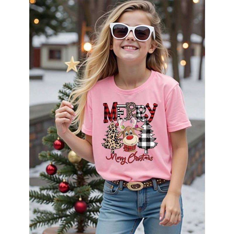 Tricou de vară cu gât rotund și mâneci scurte pentru fete, la modă, cu stil de Crăciun, imprimat, top larg
