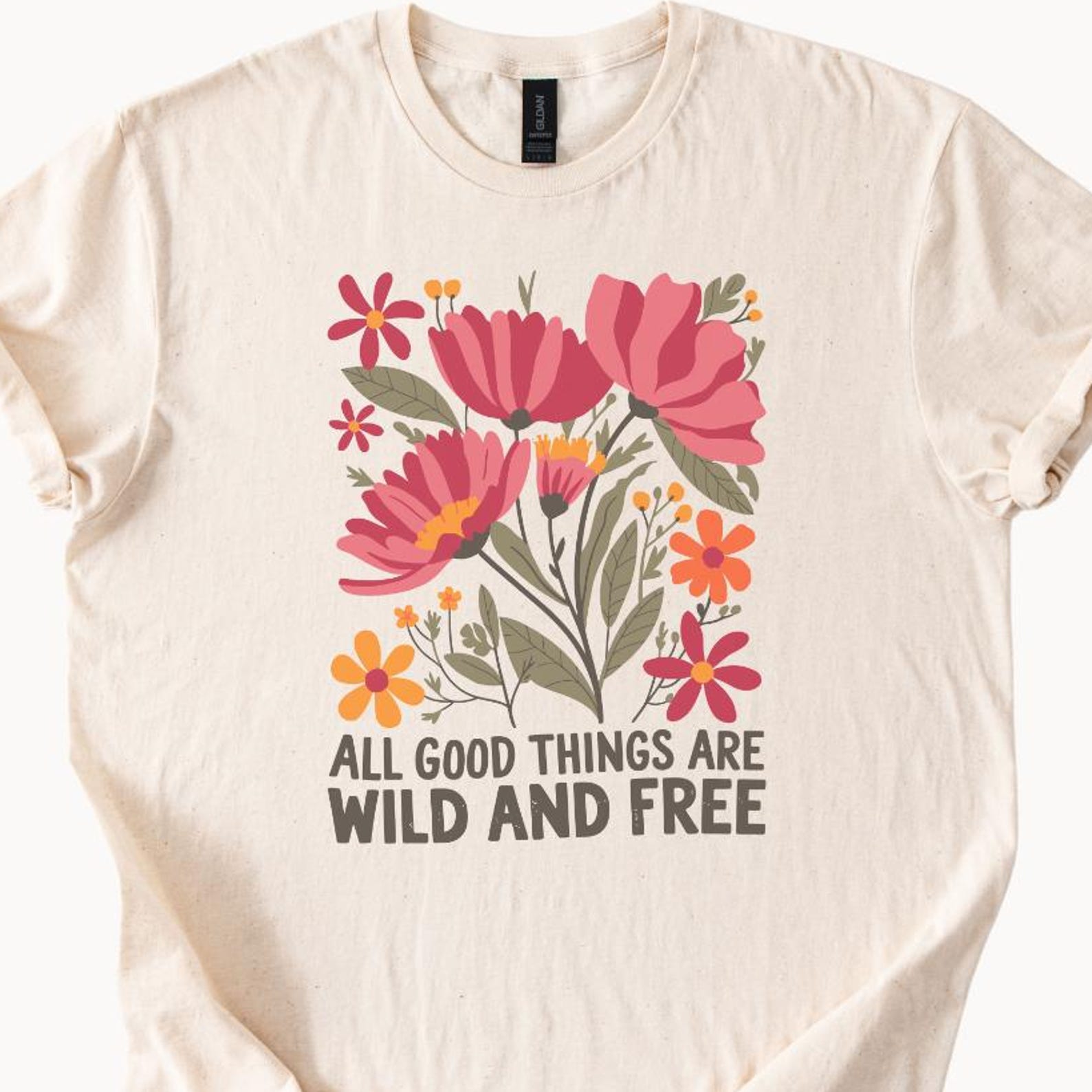 Wild and Free Floral Graphic Tee, Boho Style Inspirational T-Shirt, Positive Quote Shirt, Trendy Flower Print Top 130