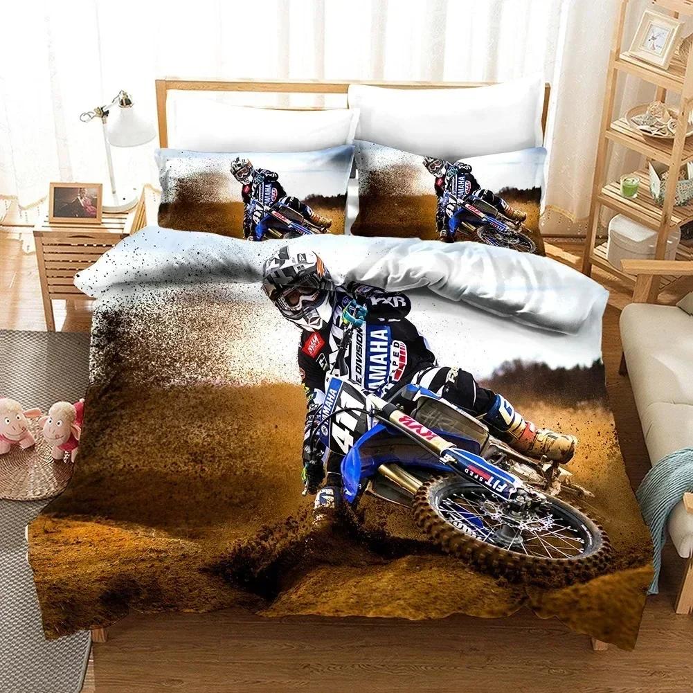 Luxury Bedding Set Motorcycle Print Duvet Cover Set with Pillowcase Motocross Bedspread Boy's Bed Set