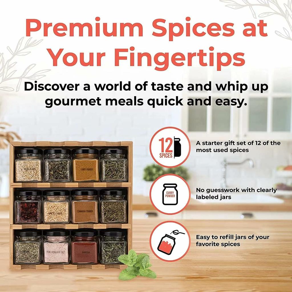 Bamboo Wood 12 Compartment Spice Rack Organizer For Kitchen Multi-Tier Storage Shelf With Jars