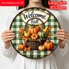 2D Flat, 1pc Aluminum Circular Sign Welcoming The Autumn Harvest, Featuring Rustic Pumpkin And Checkered Decorations with Cursive Lettering, Suitable