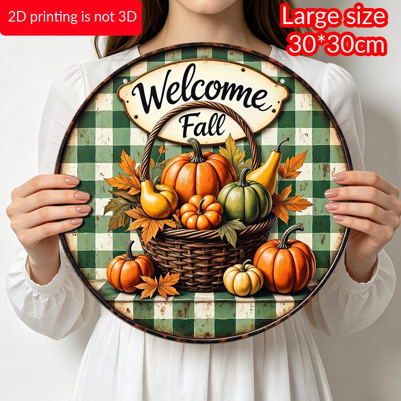 2D Flat, 1pc Aluminum Circular Sign Welcoming The Autumn Harvest, Featuring Rustic Pumpkin And Checkered Decorations with Cursive Lettering, Suitable