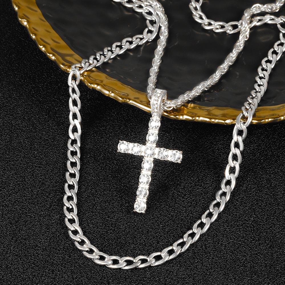 Classic Stylish Cross Jewelry Set Hip-hop Punk Inlaid Zircons Cross Pendant Necklace+Simplicity Cuban Chain Men Party Gift
