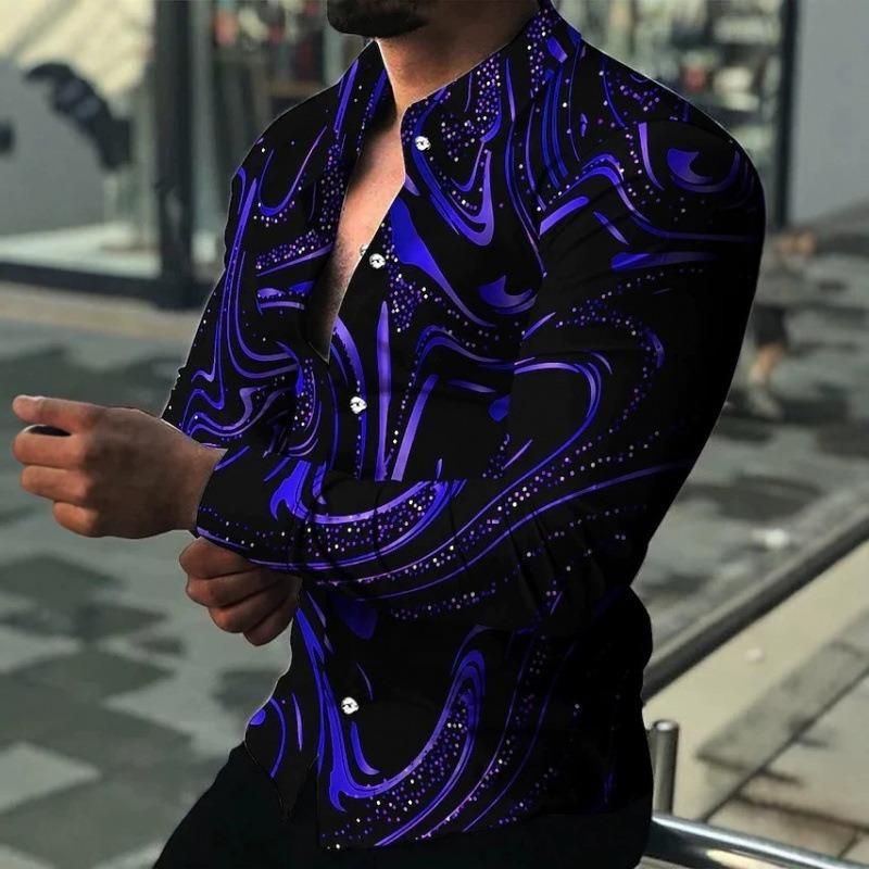 Men's Fashion Flame 3D Print Long Sleeve Shirts Turn Down Collar Button Up Party Streetwear Camisa Masculina Casual Blouse