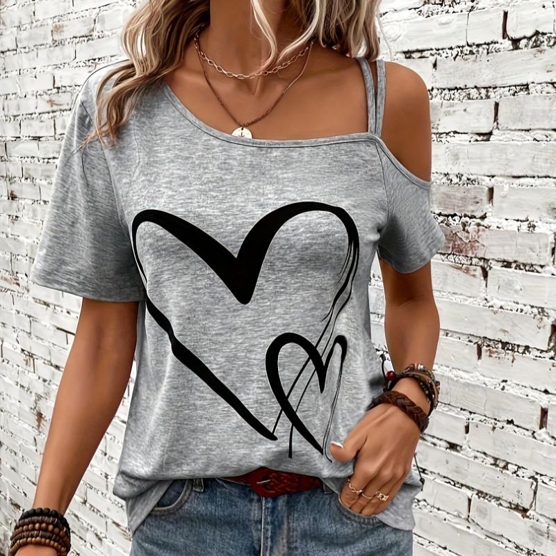 Heart Print Off the Shoulder Short Sleeve Asymmetrical T-shirt Casual Sexy Top with Slight Stretch Micro Elasticity Random Printing Machine Washable