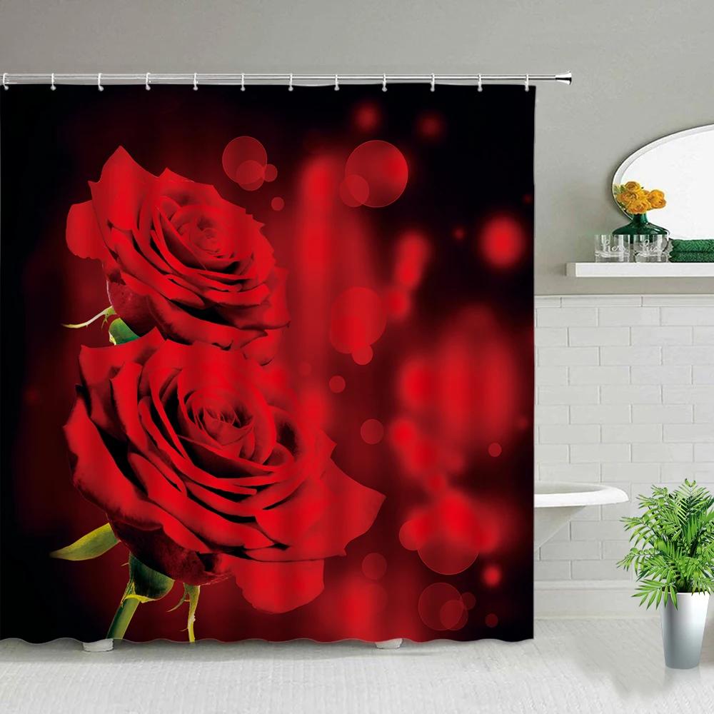 Pink Flower Plant Scenery Shower Curtains Rose Tulip Butterfly Spring Landscape 3d Printing Bathroom Waterproof Bath Curtain Set