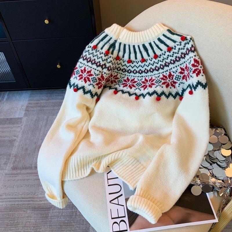 Christmas Atmosphere Red Jacquard Sweater Women's Spring New Retro Lazy Wind Knitted Sweater Top