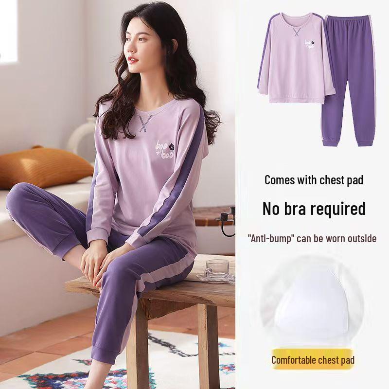 Women's Casual Long Sleeve Pajama Set with Chest Pads, Spring/Fall/Winter, Plus Size, Loose Fit, Suitable for Outdoor Wear