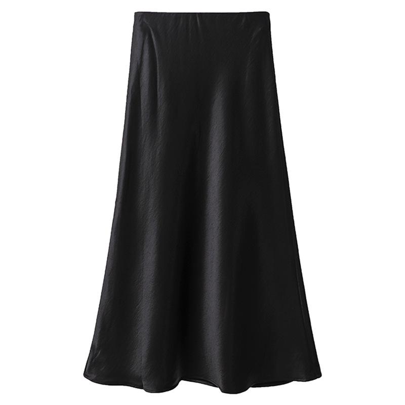 Французька спідниця міді А-силуету з атласу з високою посадкою для жінок - Осіння колекція