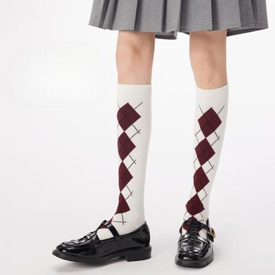 Podzim/Zima Kosočtvercové Vysoké Ponožky Žakárové Punčochy Bavlněné Ponožky Kolejní Vítr Dívčí Froté Ponožky Šedé JK Retro Podkolenky